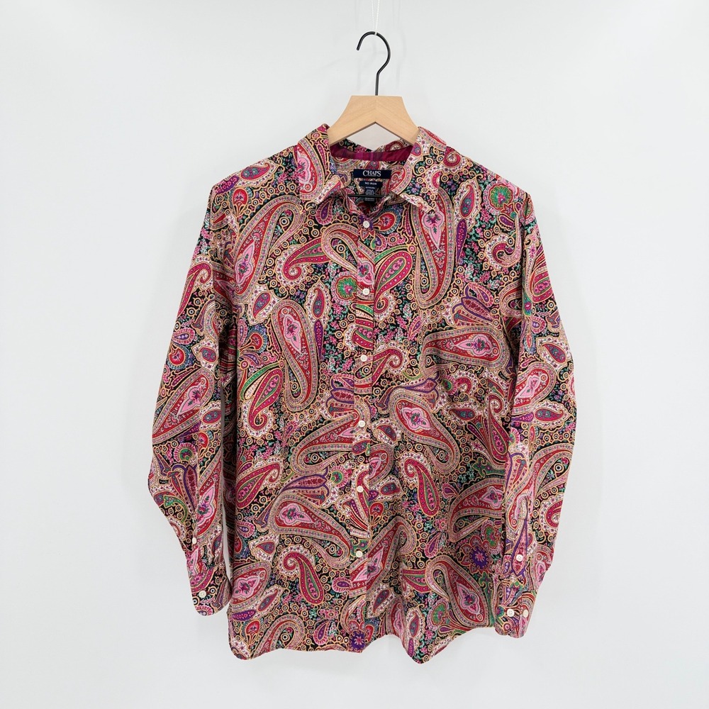 Chaps No Iron Womens 1X Retro Paisley Button Up Shirt Boho Preppy Eclectic